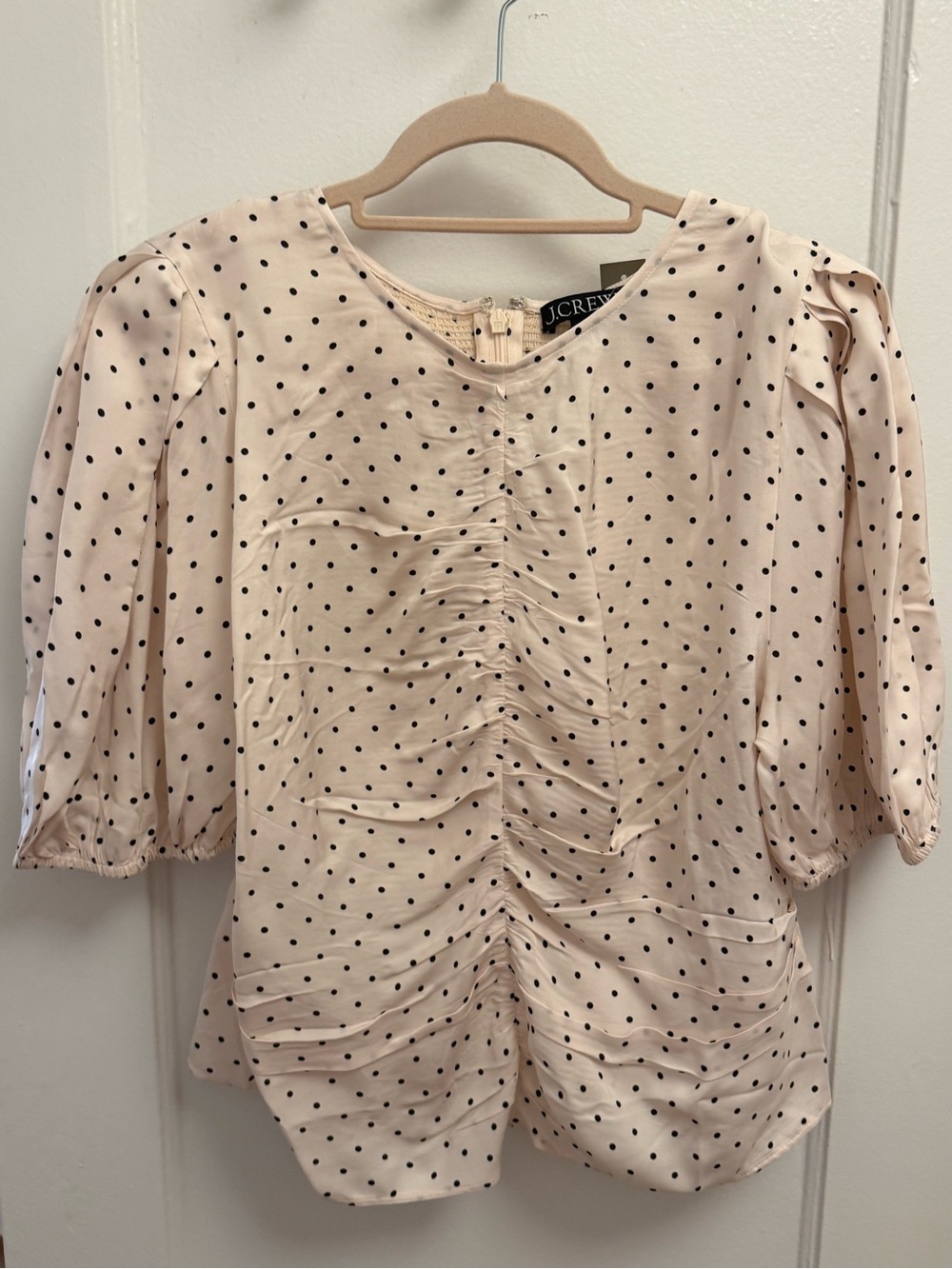 J. Crew Blush Cream Polka Dot Ruched Puff Sleeve Blouse